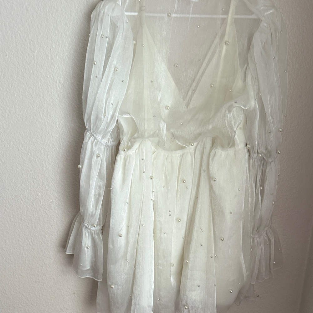 Showpo bachelorette party bridal White Sheer solanna mini Dress Pearl Accents - Picture 9 of 11